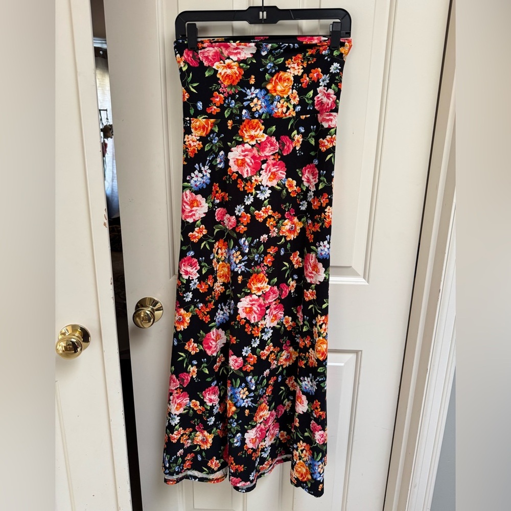 Black Background Bright Floral Maxi Skirt